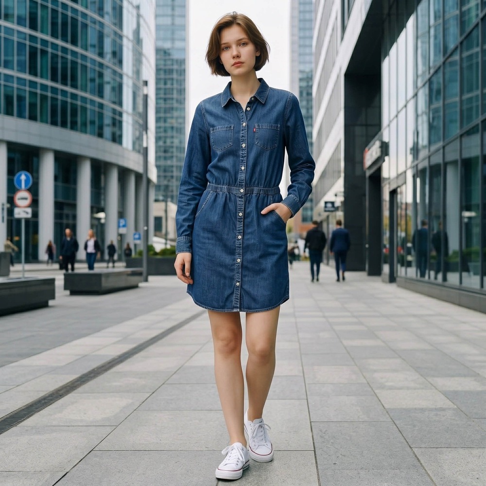 Levi's Girls Denim Shirt Dress 12-13Y Blue Chambray Button Front Elastic Waist